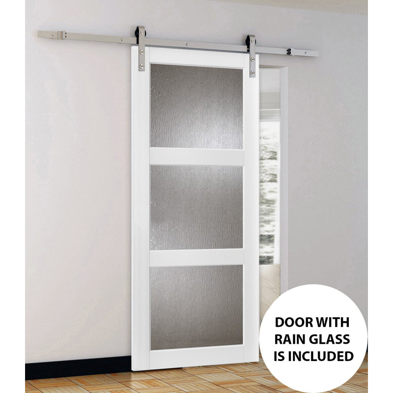 Porte de grange en bois givré blanc Lucia avec trousse de quincaillerie d'installation, 42 po x 96 po, Argent