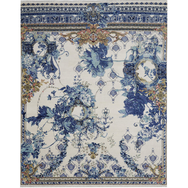 Walton Floral Area Rug in Ivory/Marine Blue, Rectangle 12' x 15'