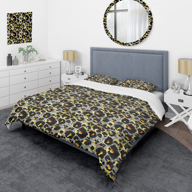 Ensemble de housse de couette en microfibre noir / gris / jaune 3 pièces, Housse de couette double + 2 taies décoratives st