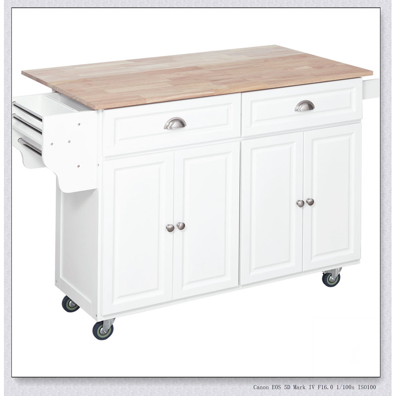 Rolling Kitchen Island with Drop Leaf, White