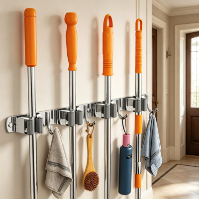 Wall Mounted Broom And Mop Holder Organizer, Heavy Duty Stainless Steel Storage Rack With Non-Slip Grips And Utility Hooks For Laundry Room, Garage, Kitchen Tool Organization