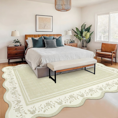 Tapis élégant festonné à motif floral festonné avec envers en TPR antidérapant pour le salon, la chambre à coucher, la salle à manger et le bureau personnel