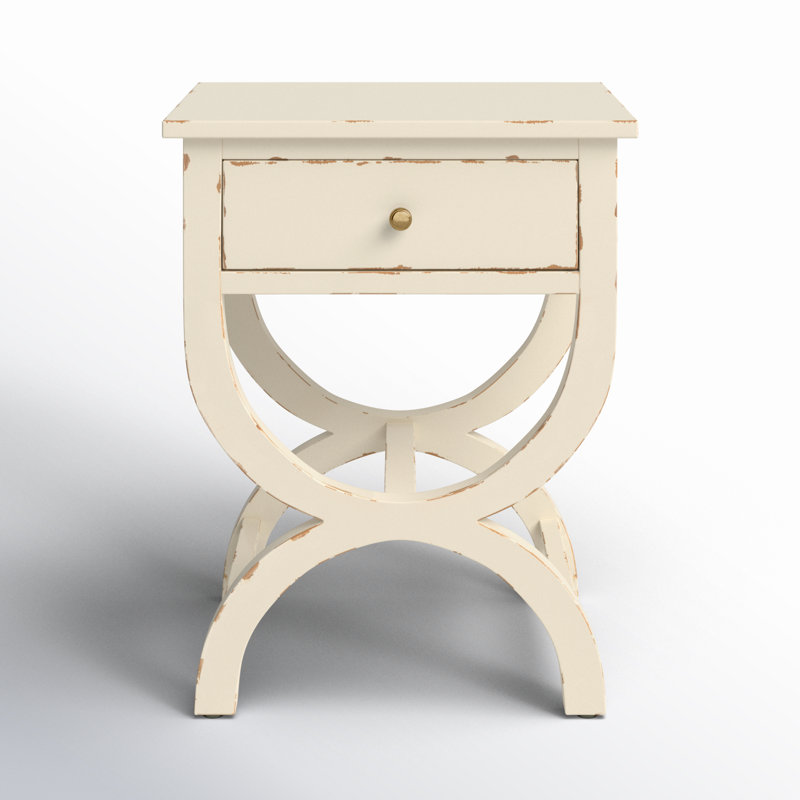 Floris Solid Wood End Table with Storage, Distressed Vanilla