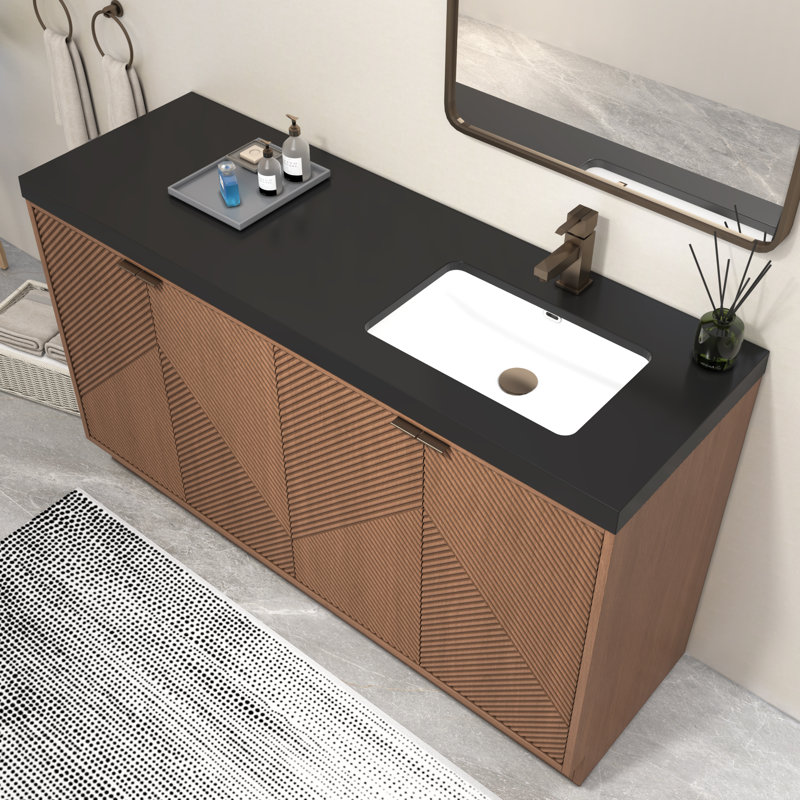 Monterey 59" Inch Freestanding Bathroom Vanity + Reinforced Black Acrylic Left Sink, Left, Brown