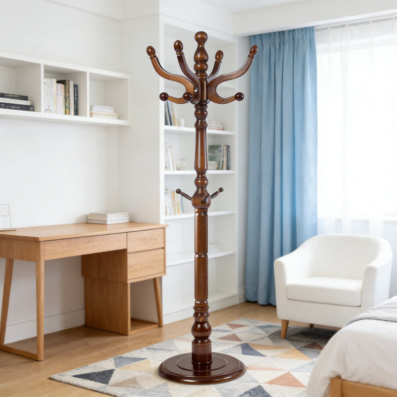 Freestanding Heavy Duty Coat Rack With 11 Smooth Hooks, Vintage Style Wooden Coat Tree With Stable Disc Base For Entryway, Bedroom Or Office