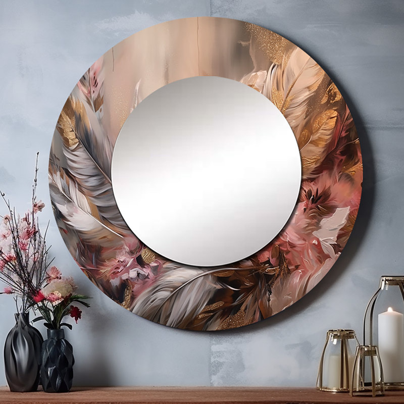 Qadry or plume Wanderlust VI - miroir mural décoratif plume Glam, miroir rond doré, impression d'art en métal, 36 po x 36 po