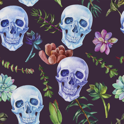 Skull And Succulent Plants - Wrapped Canvas Print
