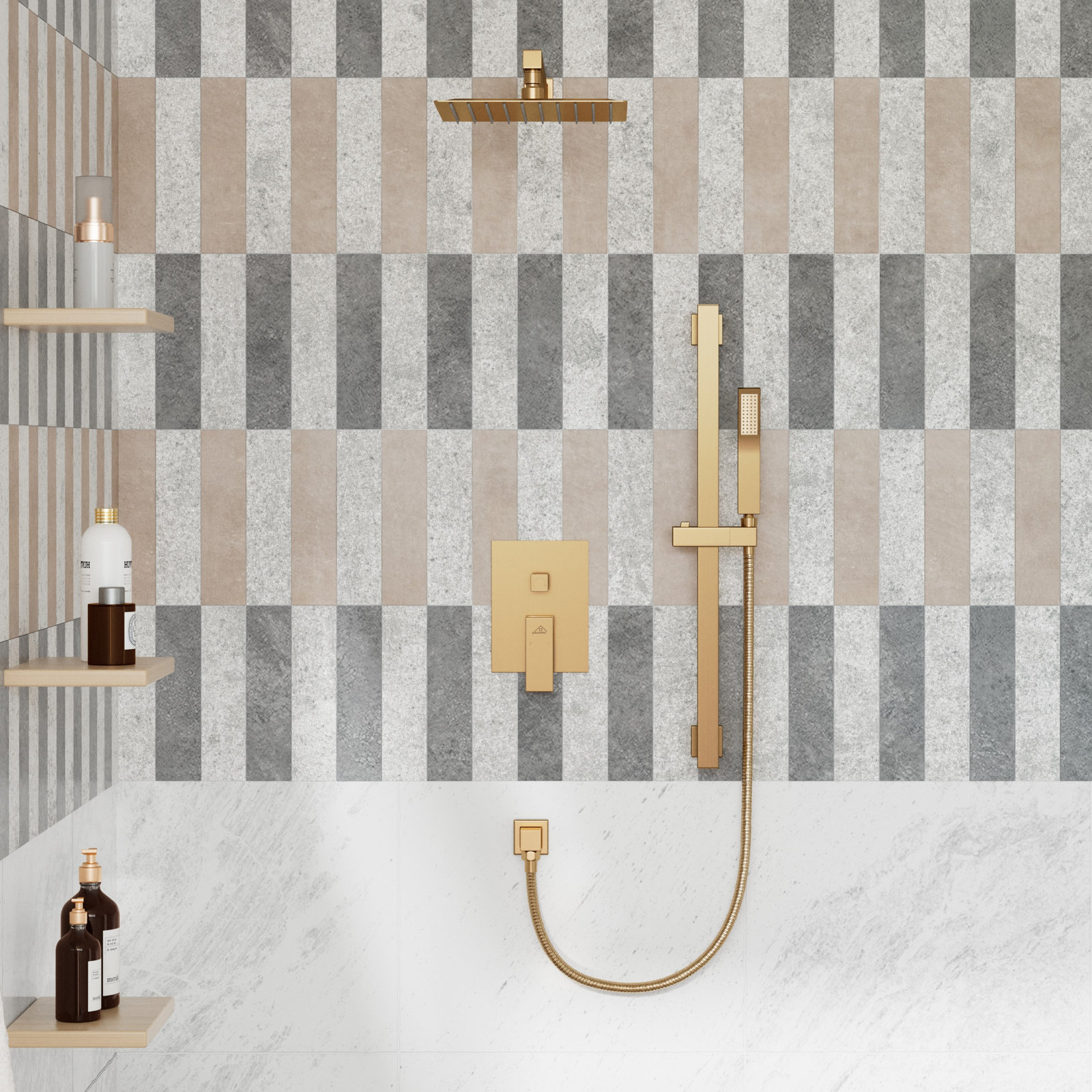 Slidea Complete Rainfall Shower System with Rough in-Valve and Slide Bar, Brushed Gold