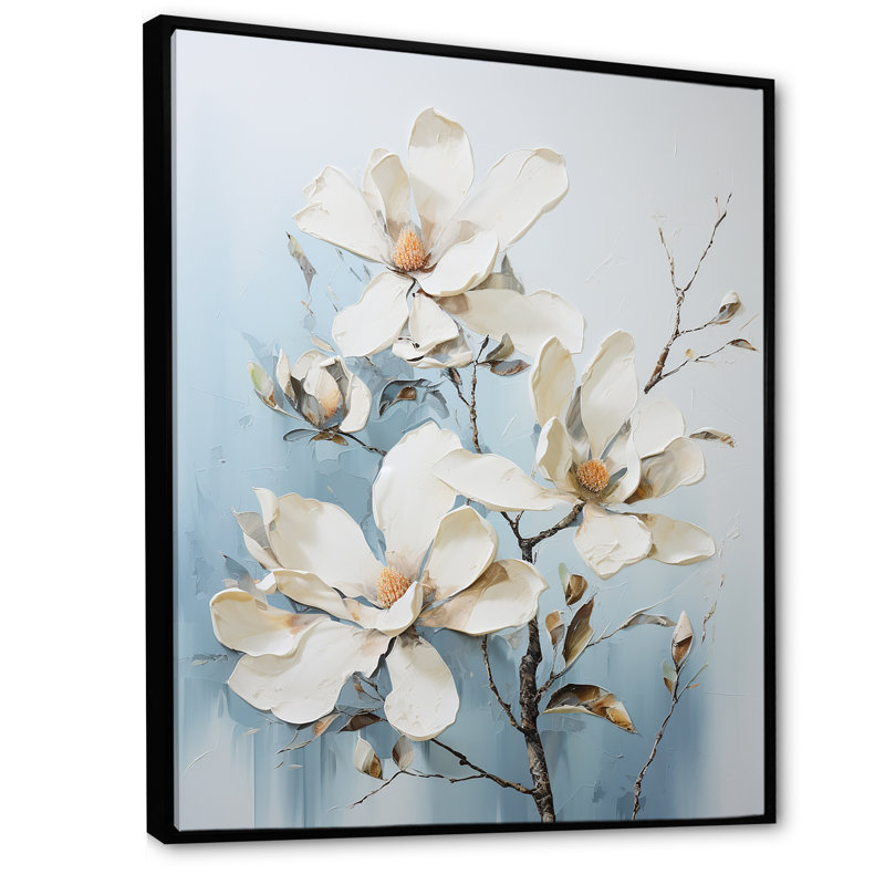 «Magnolias Blossom III» blanc et bleu sur toile, Cadre flottant noir, H 40 po x l 30 po x P 1,5 po