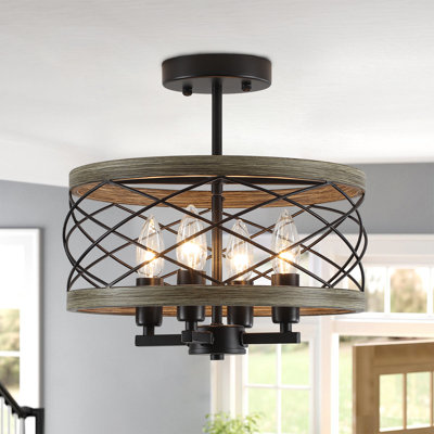 4 - Light 12.59" Dimmable Drum Lampshade Farmhouse Industrial Semi Flush Mount Ceiling Light