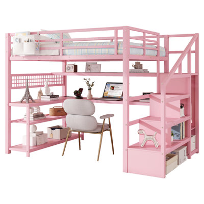 Full Size Loft Bed with Staircase and Wardrobe, Metal Loft Bed with Desk, Storage Shelves, LED Lights and Charge Station