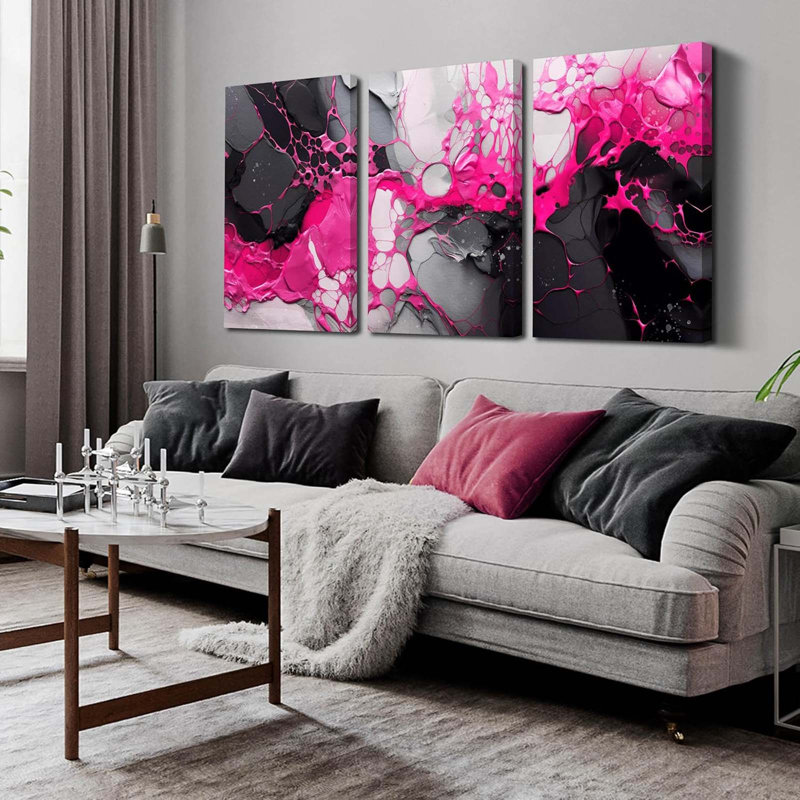 Abstract Art Wall Decor for Living Room - Pink Pictures Wall Art for Bedroom - 3 Piece Canvas Wall Art for Office Size 40x60cm