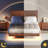 Queen Size Walnut Floating Bed with Wavy Headboard, LED Lights & Charging Station, Heavy Metal Frame, No Box Spring Needed