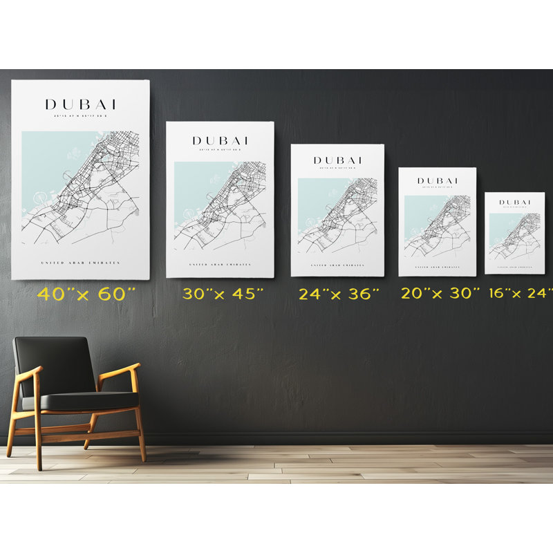 Dubai Map Print United Arab Emirates Canvas Print, 24" H x 16" W