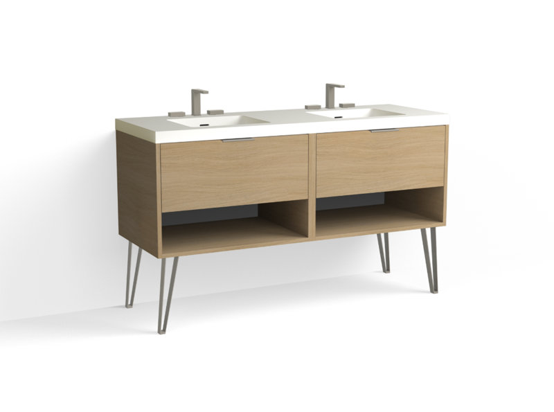 Modo 60" W Freestanding Double Bathroom Vanity with Dawson Leg, Gloss White/8" Widespread, Biondo, Satin Nickel