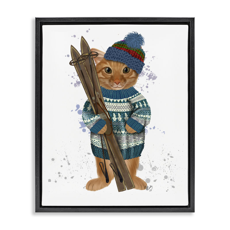 Chat avec des skis d'hiver, art mural par Fab Funky, H 31 po x l 25 po, Cadre flottant noir de jais