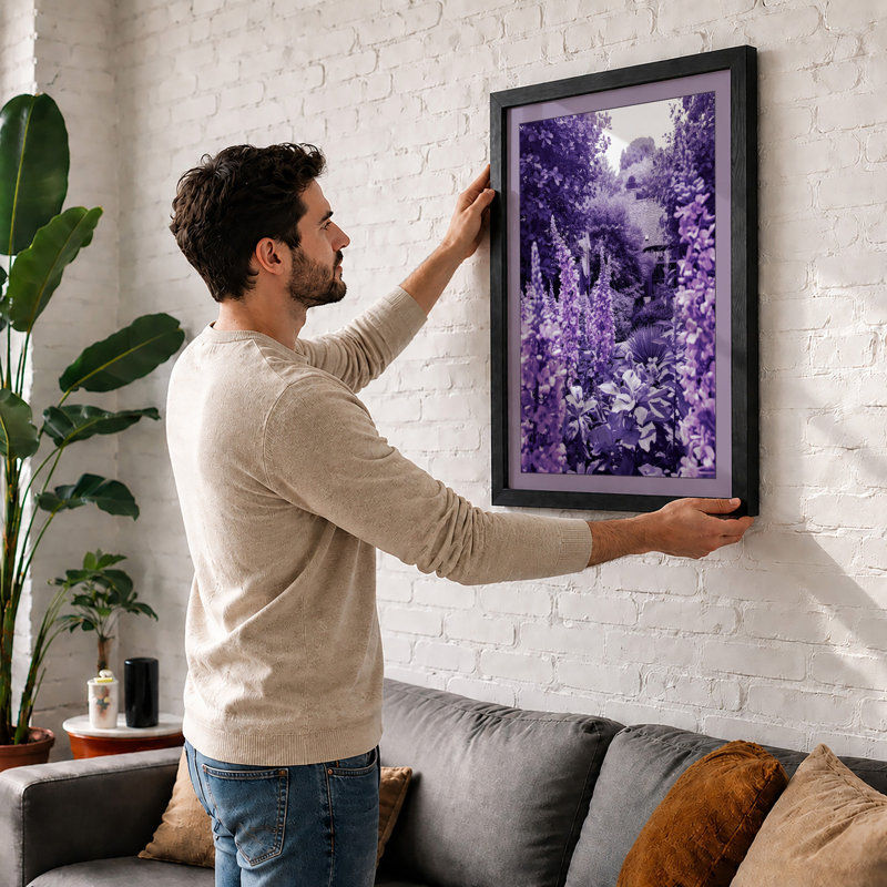 Garden Path in Purple Botanical - Framed Print, Black, A3 - 42.0 x 29.7 cm