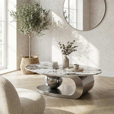 Contemporary Oval Coffee Table with Stainless Steel Base