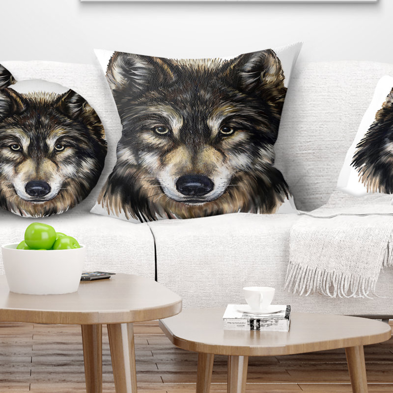 Tête de loup - coussin imprimé animal, 16 po x 1 po, Coussin décoratif