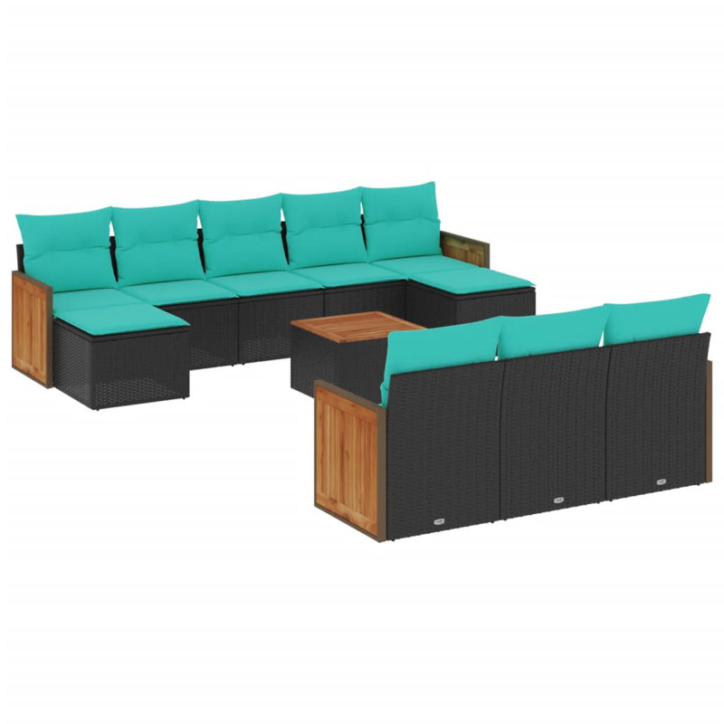 Ensemble de canapé de patio 11 pièces avec coussins en rotin de polyester, Bleu clair, Noir