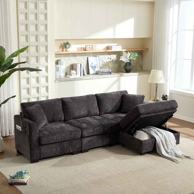 Canapé de rangement moderne avec double port USB, 2 poches latérales, banc de rangement avec repose-pieds, canapé modulaire en chenille surdimensionné, canapé en L surdimensionné à 4 places