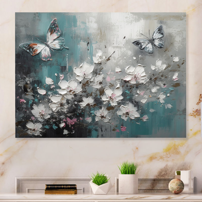 Fleurs avec papillons, peinture IV - reproduction non encadrée sur métal, H 16 po x l 32 po x P 1 po