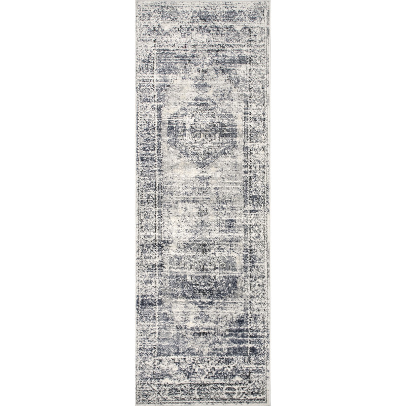 Eugenio Barbed Iris Medallion Blue/Gray Rug, Runner 2' x 8'