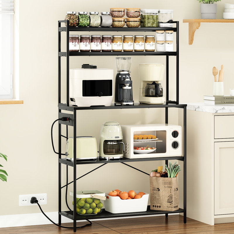 Support pour 5 boulangeries avec prises électriques, support à micro-ondes de 39 po, bar à café, tablette de rangement pour la gestion efficace de l'espace de comptoir - bois d'ingénierie noir, 45 lb, 150 lb par niveau