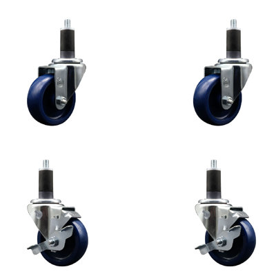 3.5 Inch SS Solid Poly Wheel Swivel 1-1/4 Inch Expanding Stem Caster Set 2 Brakes SCC