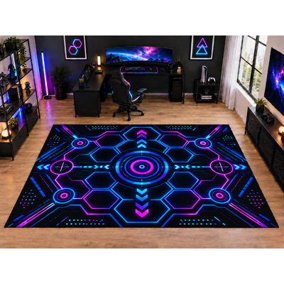 ICE ARMOR "Ultra Thin" Large 6'7" x 9'10" Cyber Hexagon Gaming Area Rug for Kids Room Playroom Family Room, Soft Low Pile Indoor Rug, Non-Slip Silicone Backing