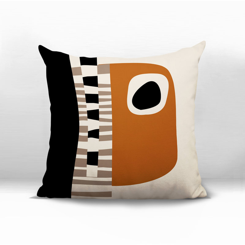 Oreiller carré réversible intérieur / extérieur Rikka, H 17 po x l 17 po, Orange brûlé / noir / blanc cassé abstrait