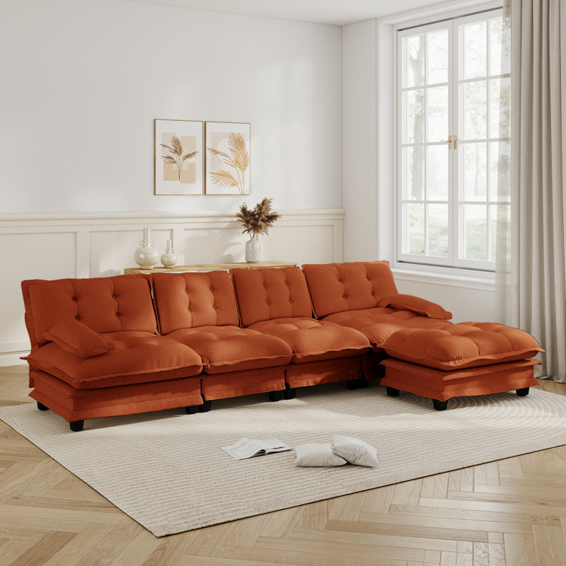 Canapé modulaire en L en chenille avec repose-pieds, Orange
