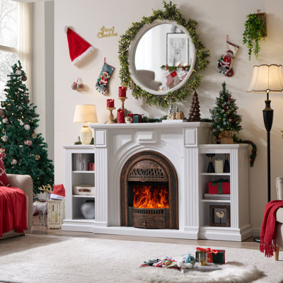 76" Electric Fireplace with Mantel,Bronze Heater,Electric Fireplace TV Stand Entertainment Center with Storage
