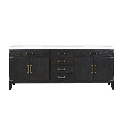 Meuble-lavabo double 84 po en chêne noir avec comptoir en quartz blanc - structure en bois massif, tiroirs à fermeture en douceur, 2 armoires intérieures et tablette ouverte pour rangement supplémentaire x P 22 po