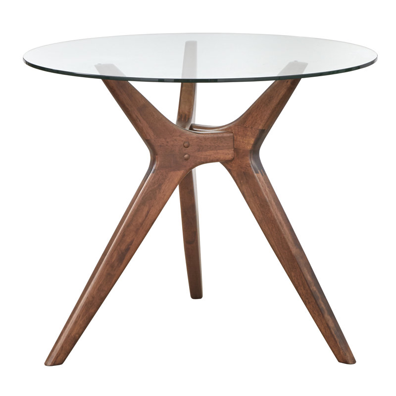 Orey Round Glass Top Solid Wood Base Dining Table