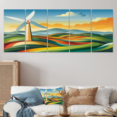 Green Holland Windturbine Meadow Views I - Wind Turbines 5 Piece Wall Art For Living Room