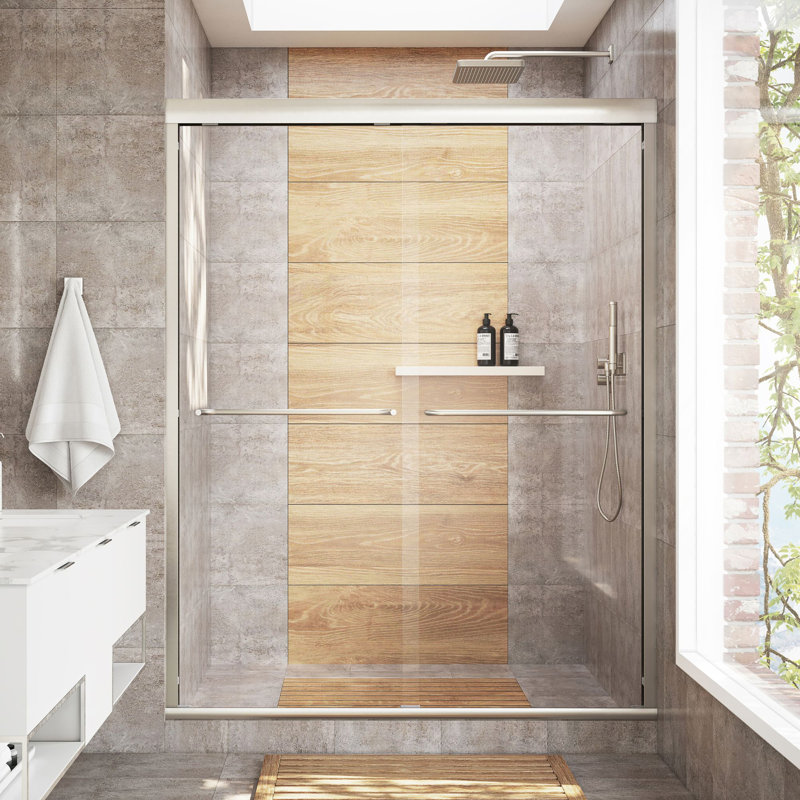 Strada 44 - 48 x 76 "Porte de douche coulissante sans cadre 3/8" en verre trempé transparent, Nickel brossé