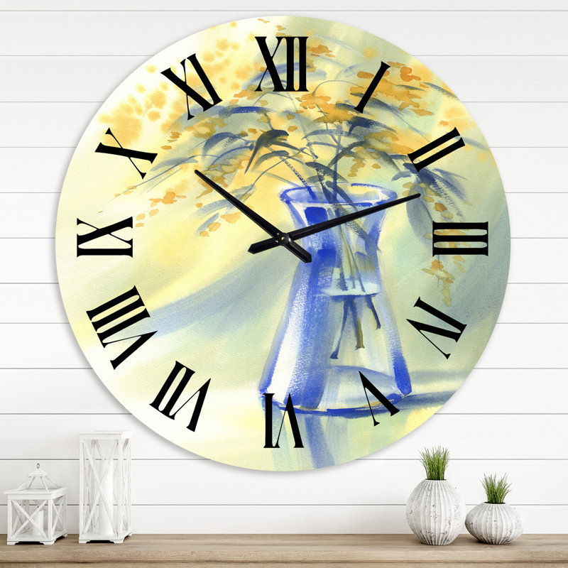 Fleurs d'été dans une bouteille en verre bleu - Horloge murale de ferme, Grand