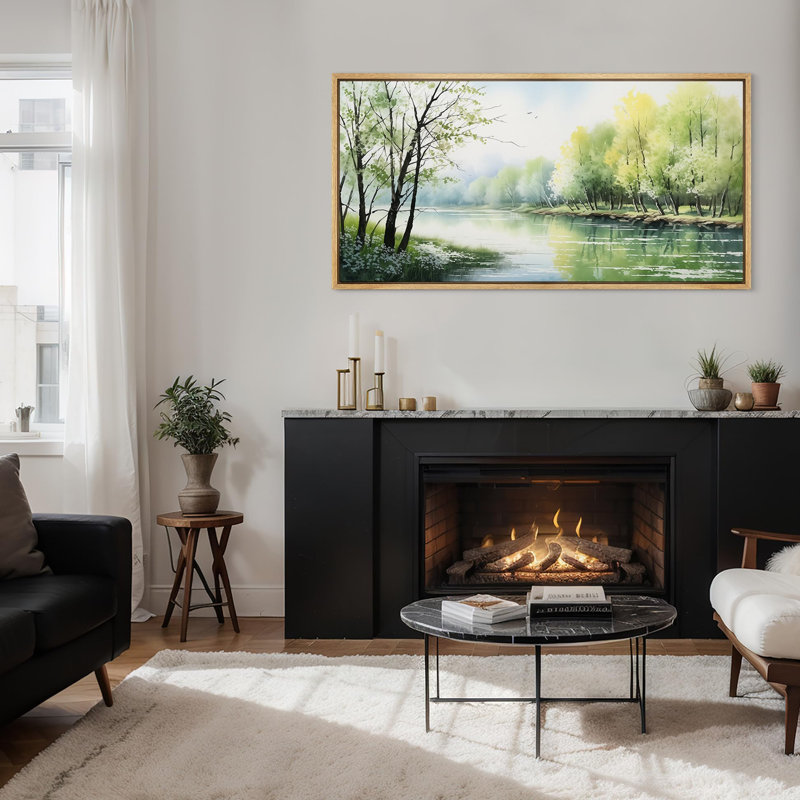 Rustic Countryside " Spring Awakening Gentle River Landscape Pastoral Scene Blossoming Trees Retro Large Wall Decor " by Spring Awakening Gentle River