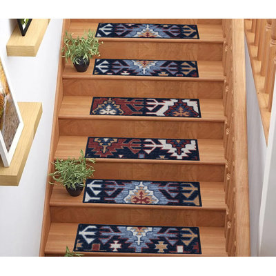 Custom Size Slip Resistant Machine Washable Low Profile Loop Pile Southwest Kilim Navy Stair Treads