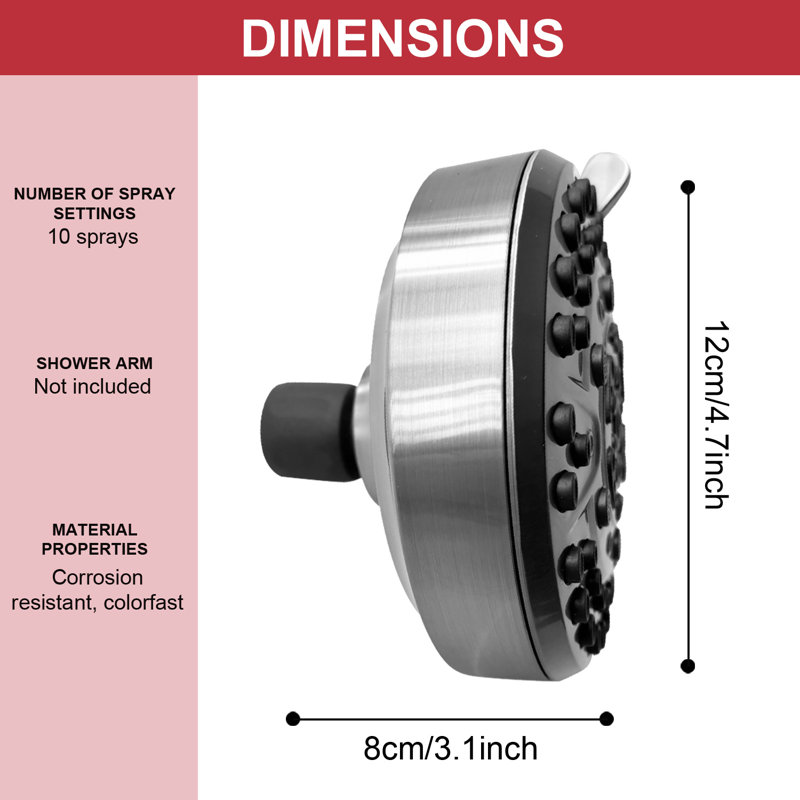 Pomme de douche à haute pression 4 réglages de 10 pouces à haut débit, Nickel brossé
