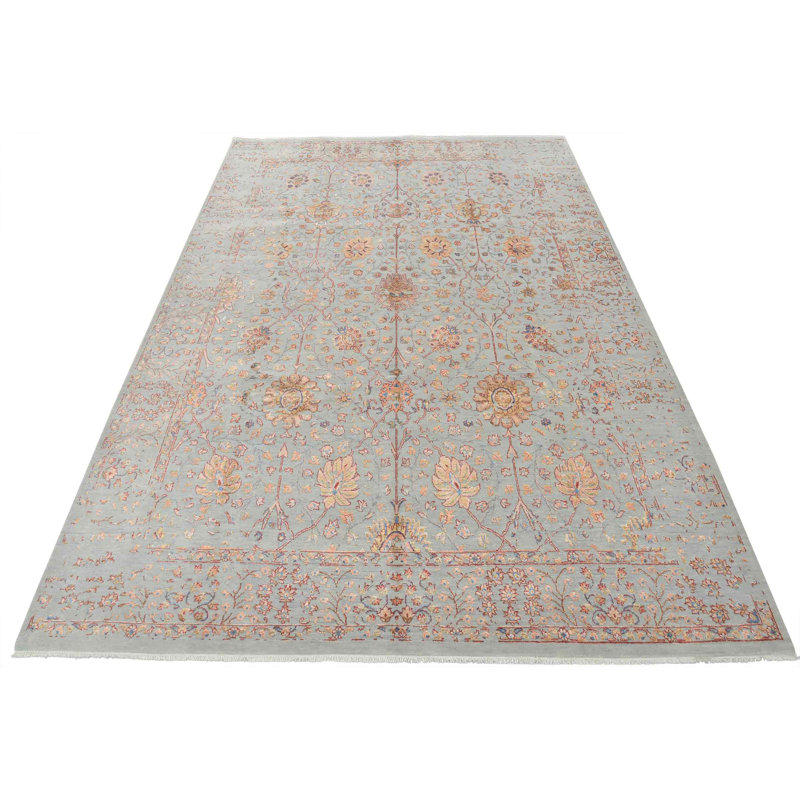 Tapis brun / bleu en laine noué à la main de conception unique 9 pi x 12 pi 6 po