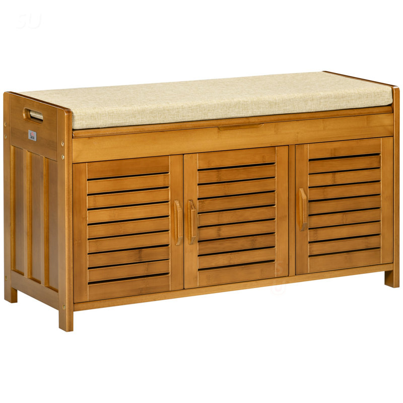 Banc à chaussures en bambou avec armoires de rangement, coussin de siège et compartiment caché pour l'organisation du vestibule