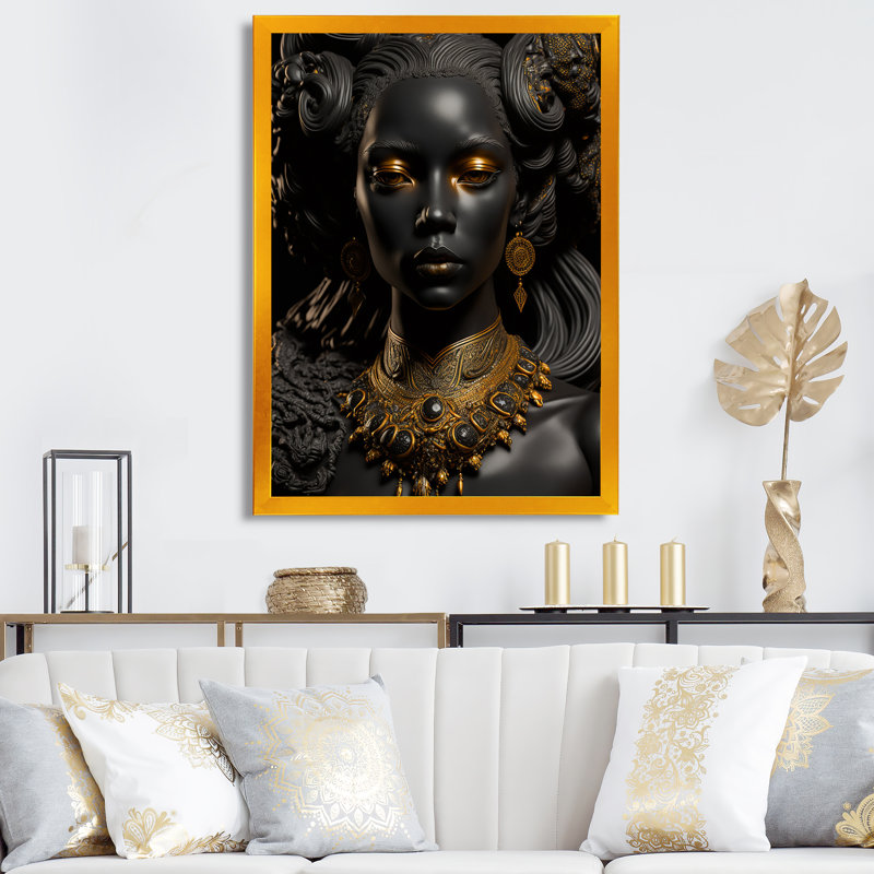 Gros plan, déesse africaine, noire et dorée, sur toile, Encadrement doré, H 44 po x l 34 po x P 1,5 po