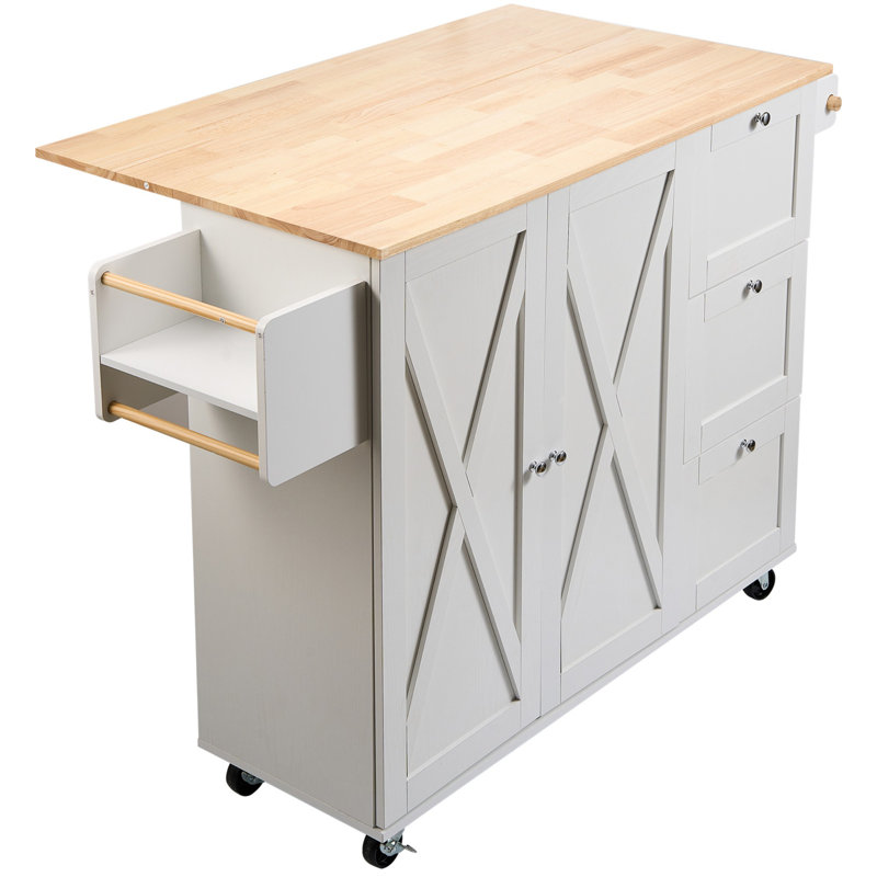 45 Inch Rolling Kitchen Island Cart With Solid Wood Top, Drop Leaf, Storage Cabinet, And Drawer - White Portable Kitchen Table On Wheels With Spice And Towel Racks | Gift Idea