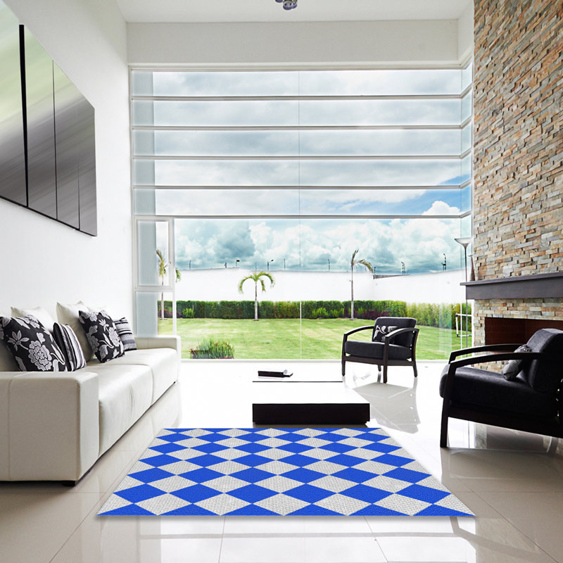 Tapis géométrique bleu / blanc, Carré 6 pi