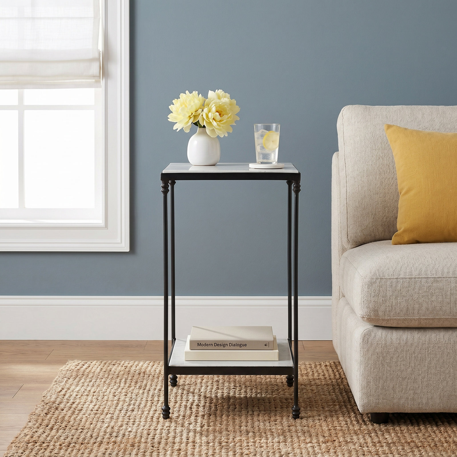 Agatie 12" Genuine Marble End Table, White Marble/Black
