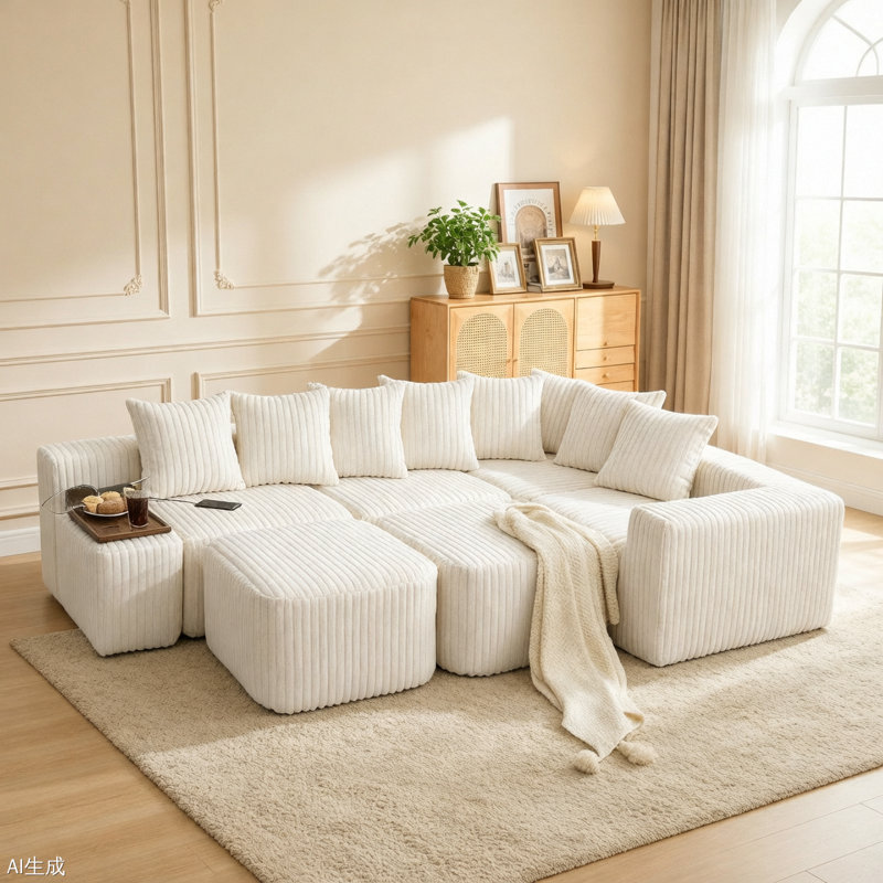 Canapé en U 137,5 po, charge USB et sans fil, table basse avec porte-gobelet, canapé modulaire surdimensionné et mobile, repose-pieds mobile, sans assemblage, 6 sièges, velours côtelé, beige