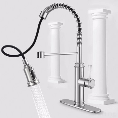 Robinet de cuisine à ressort en acier inoxydable avec pulvérisateur rétractable à 3 modes, poignée simple / plaque de pont pour 1/3 trous, rotation à 360 °, sans plomb
