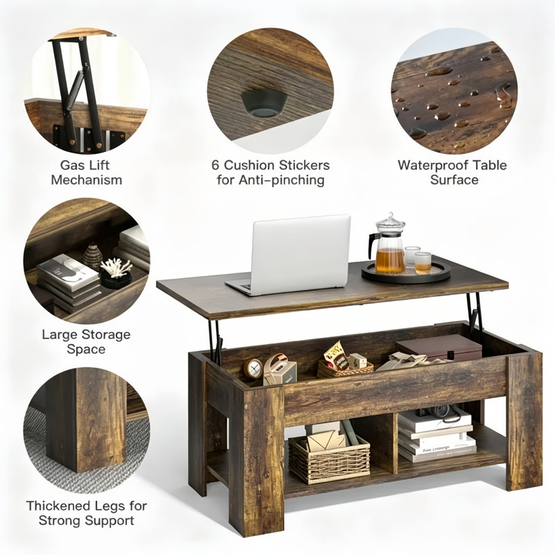 Table basse à plateau relevable, table basse à rallonge multifonctionnelle 4 en 1 avec rangement caché, convertible en bureau d'ordinateur portable ou en table de salle à manger pour le salon, le bureau personnel, petits espaces - table de bout moderne en bois avec mécanisme à ressort, brun
